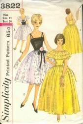 3822 Simplicity 1961 Strappy Flare Dress Lengths, ruffle Capelet Pattern 16 36B Uncut